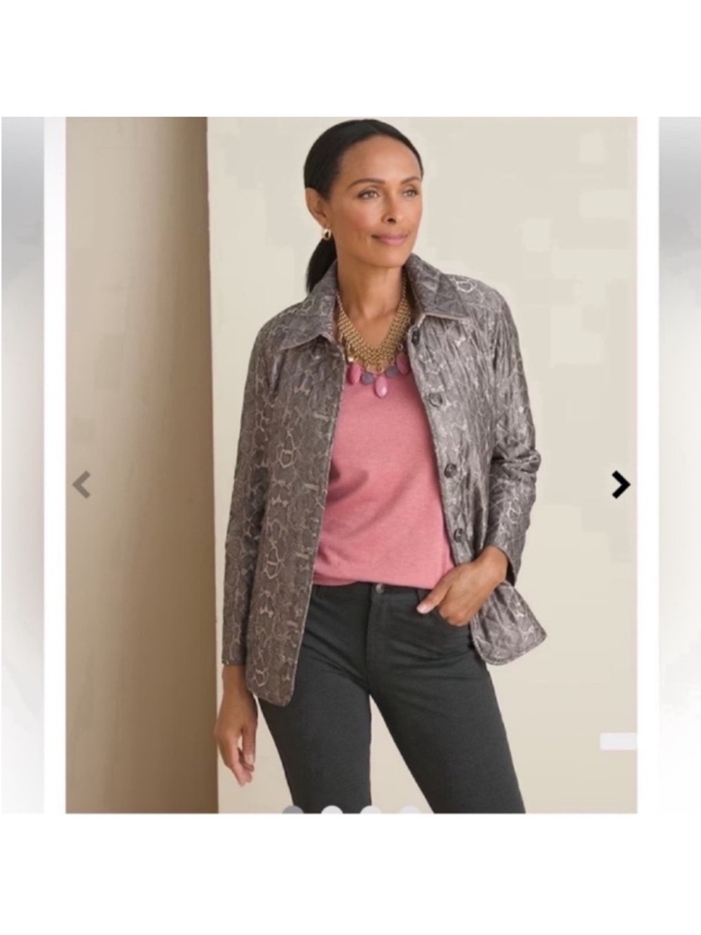 Chico’s Metallic Snake Print Quilted Puffer Jacket Sz L/2 Silver Pink
